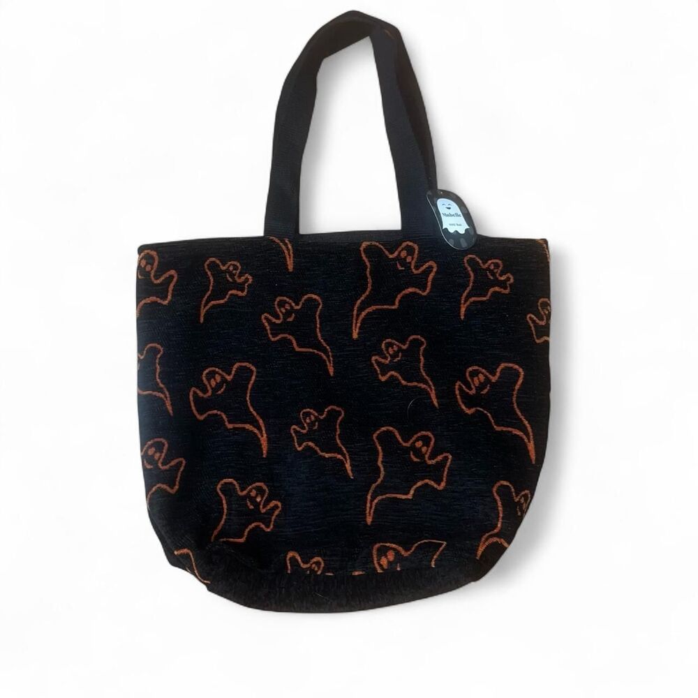 Women's Black and Orange Chenille Tapestry Halloween Ghost Tote Bag NWT